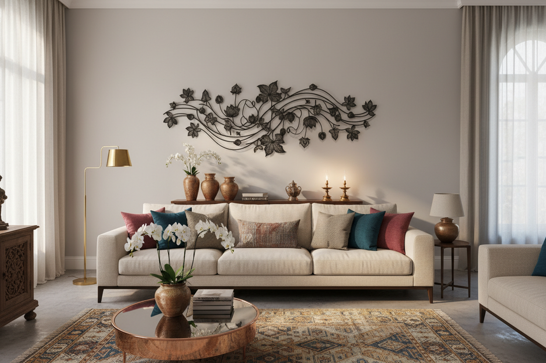 Modern Indian living room with black metal wall art featuring botanical leaf design above sofa