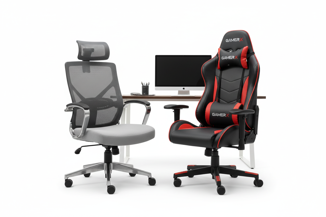 Side by side comparison of an ergonomic office chair and a gaming chair for long hours