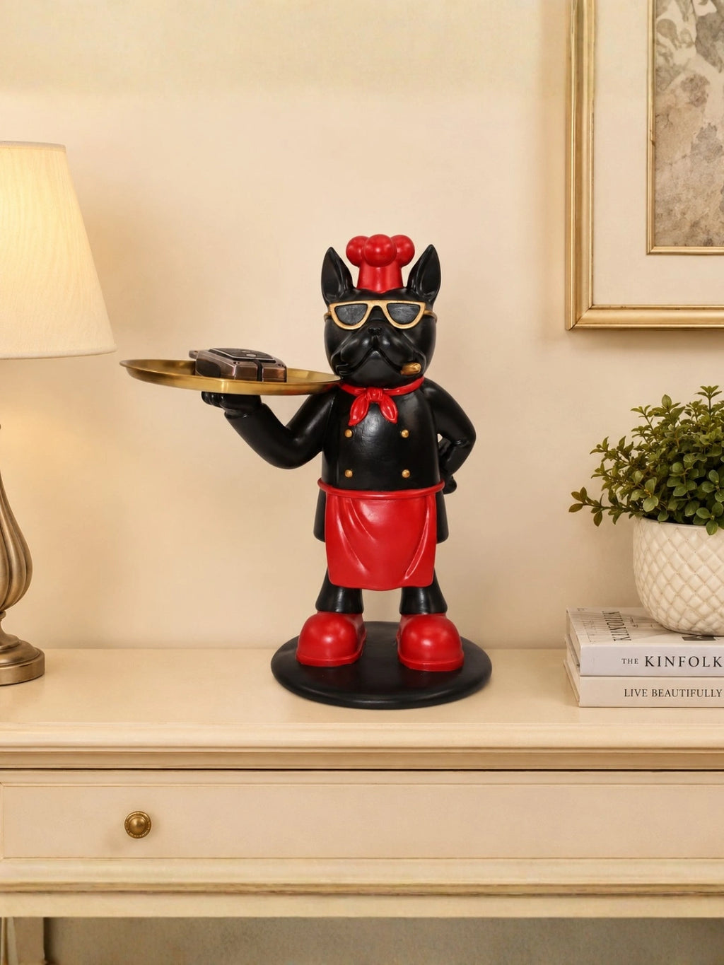 Decorative French Bulldog Butler Tabletop Statue with Metal Storage Tray