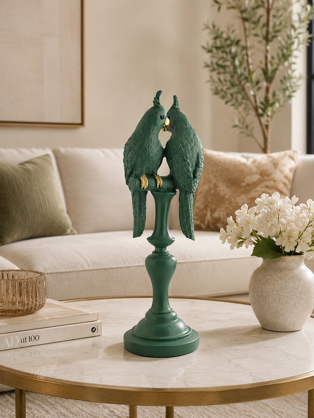 Elegant Green & Gold Lovebirds Parrot Statue