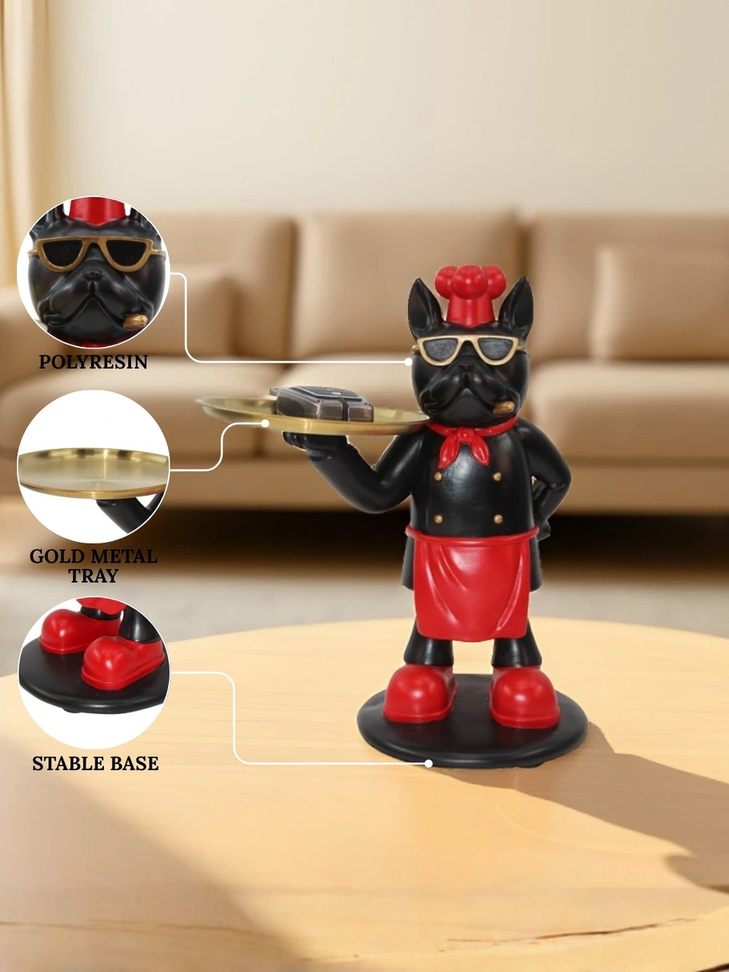 Decorative French Bulldog Butler Tabletop Statue with Metal Storage Tray