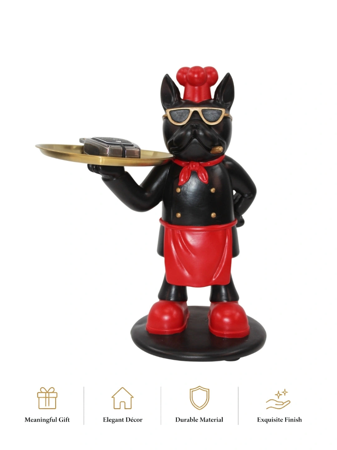 Decorative French Bulldog Butler Tabletop Statue with Metal Storage Tray