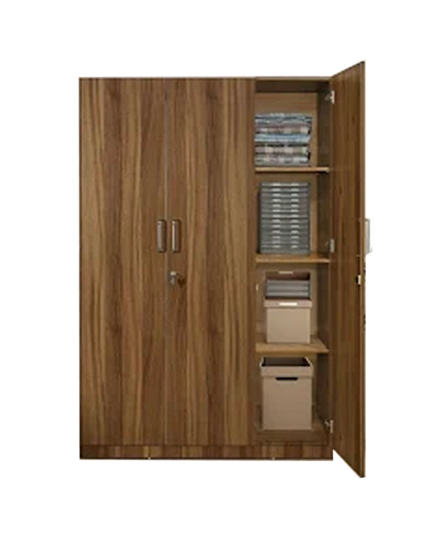 Wooden wardrobe with open doors displaying shelves and boxes on a white background