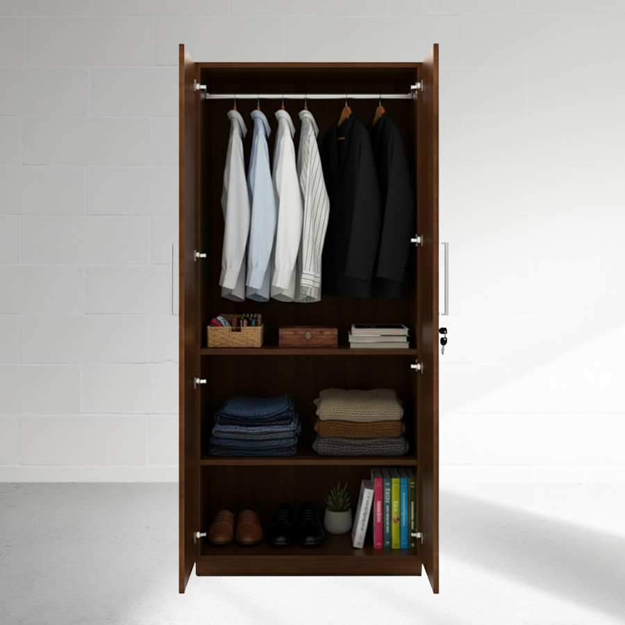 Wooden wardrobe with clothes and books on a white background