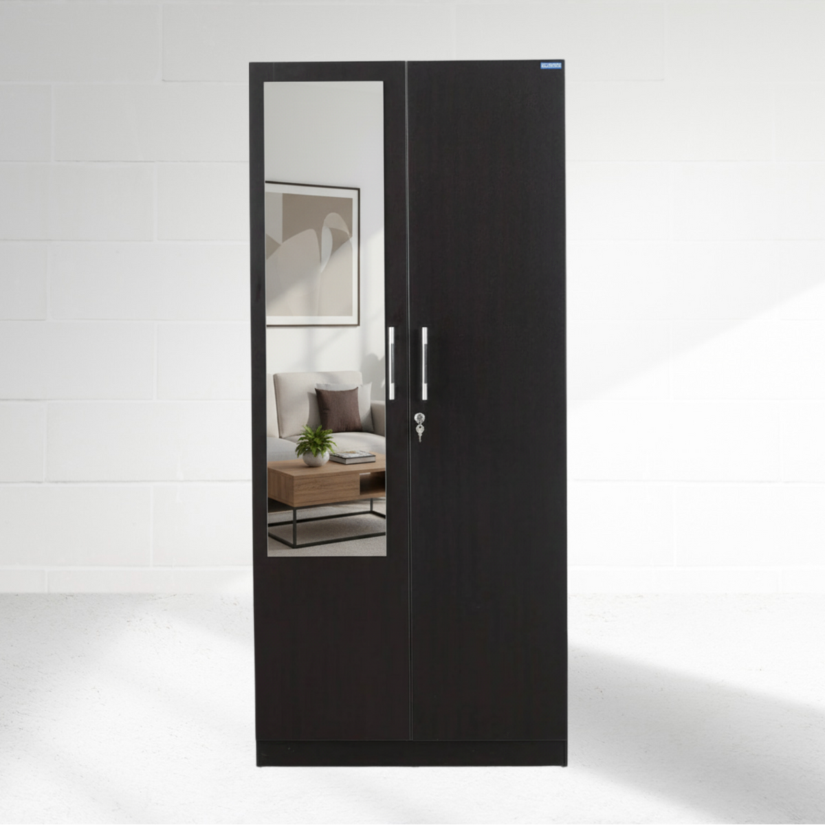 Black door with a mirror panel on a white background