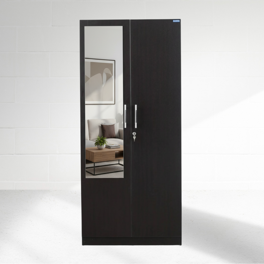 Black door with a mirror panel on a white background