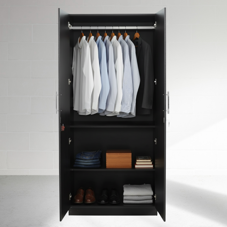 Black wardrobe with clothes hanging inside against a white wall.