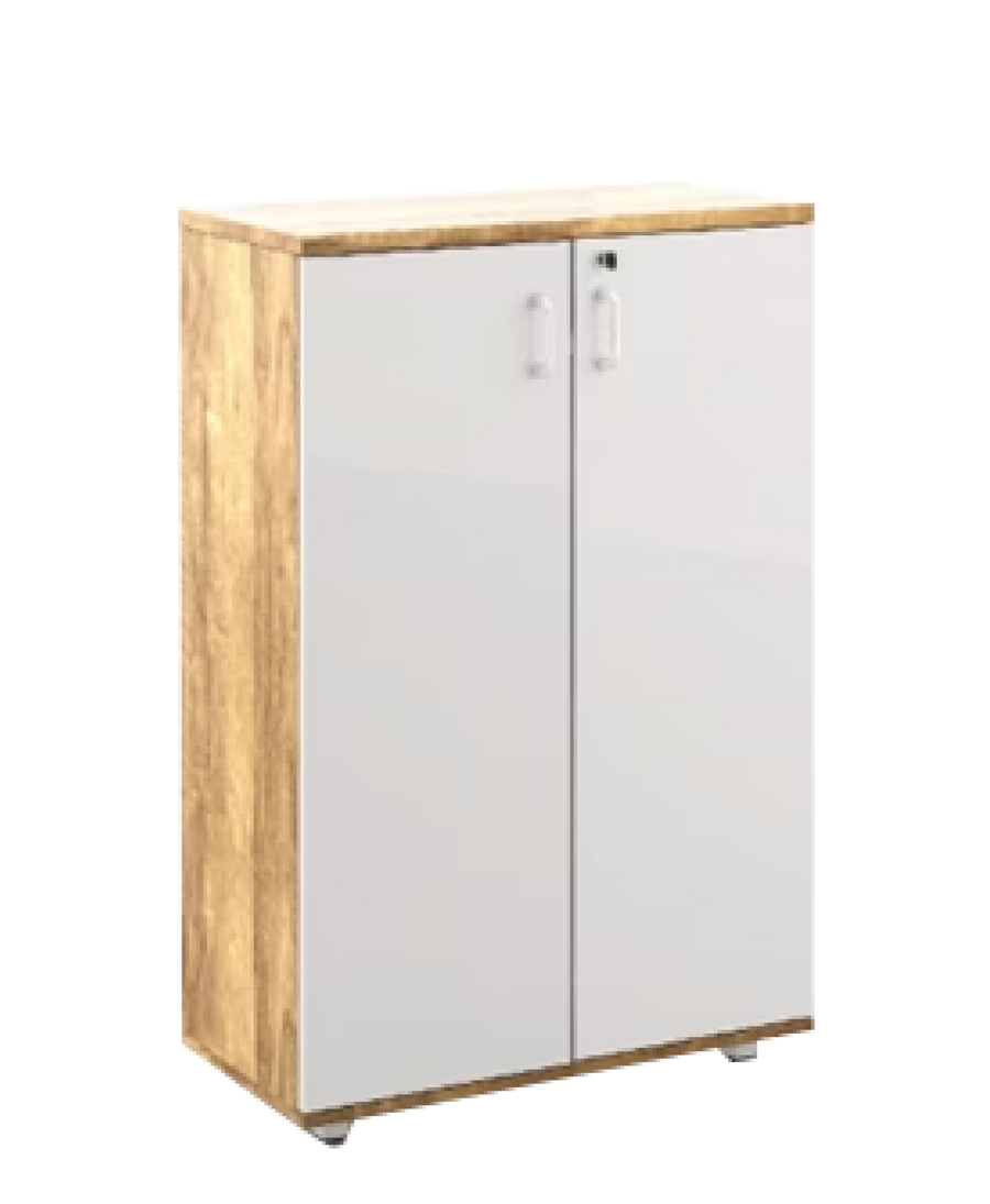 White cabinet with wooden top and sides on a white background