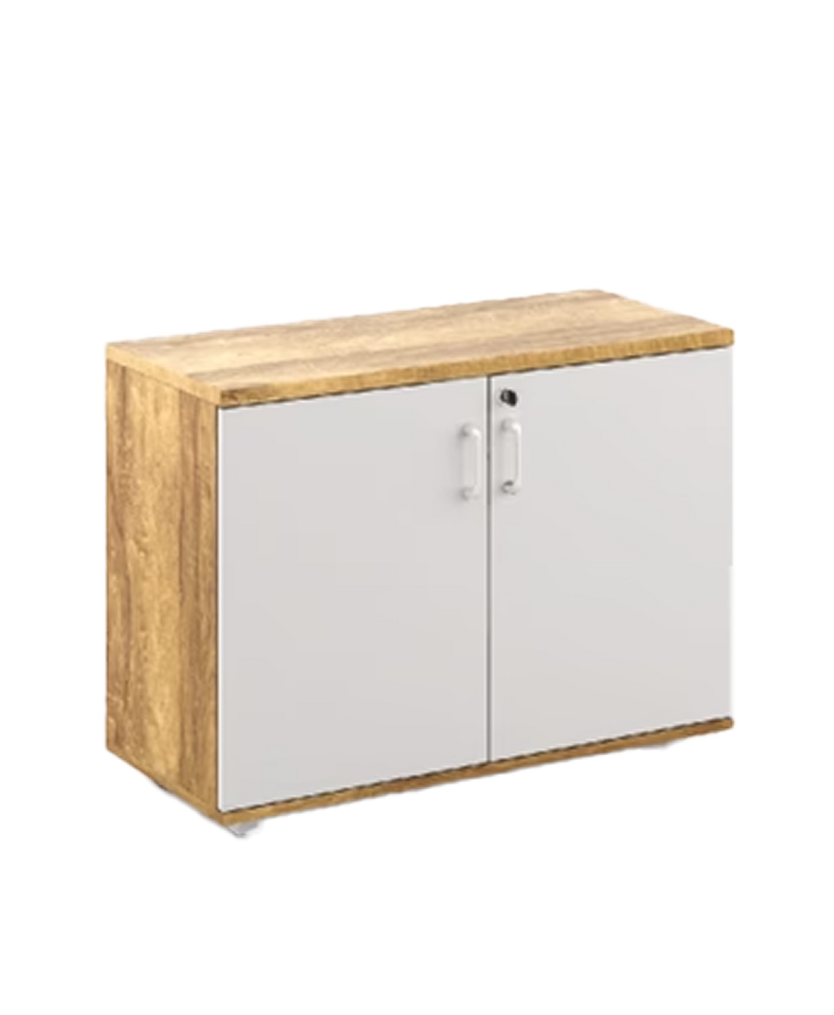 Cabinet with wooden top and white doors on a white background