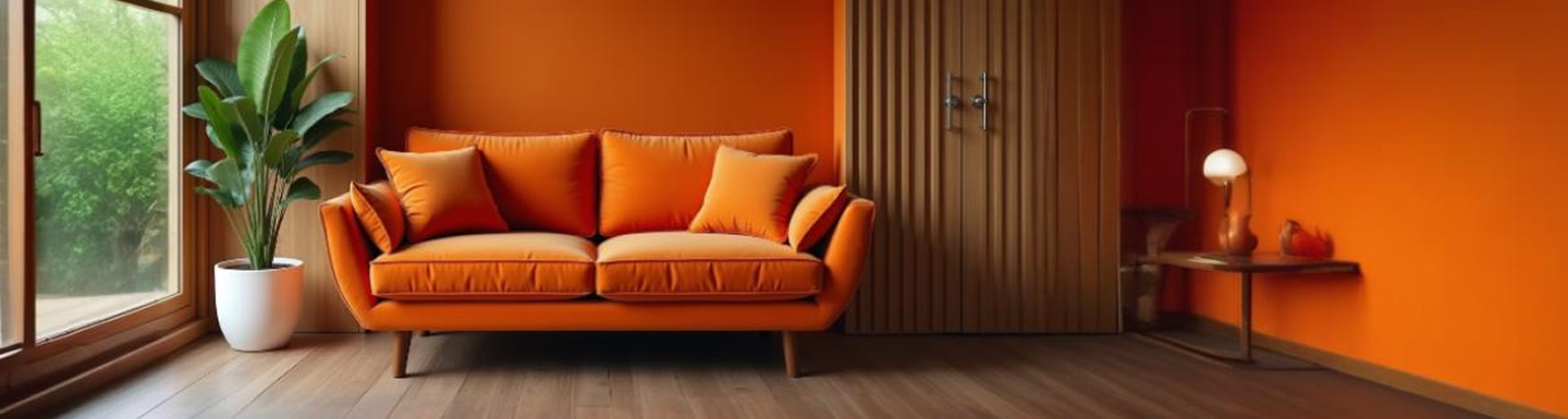 Orange sofa in a room with orange walls and a plant.