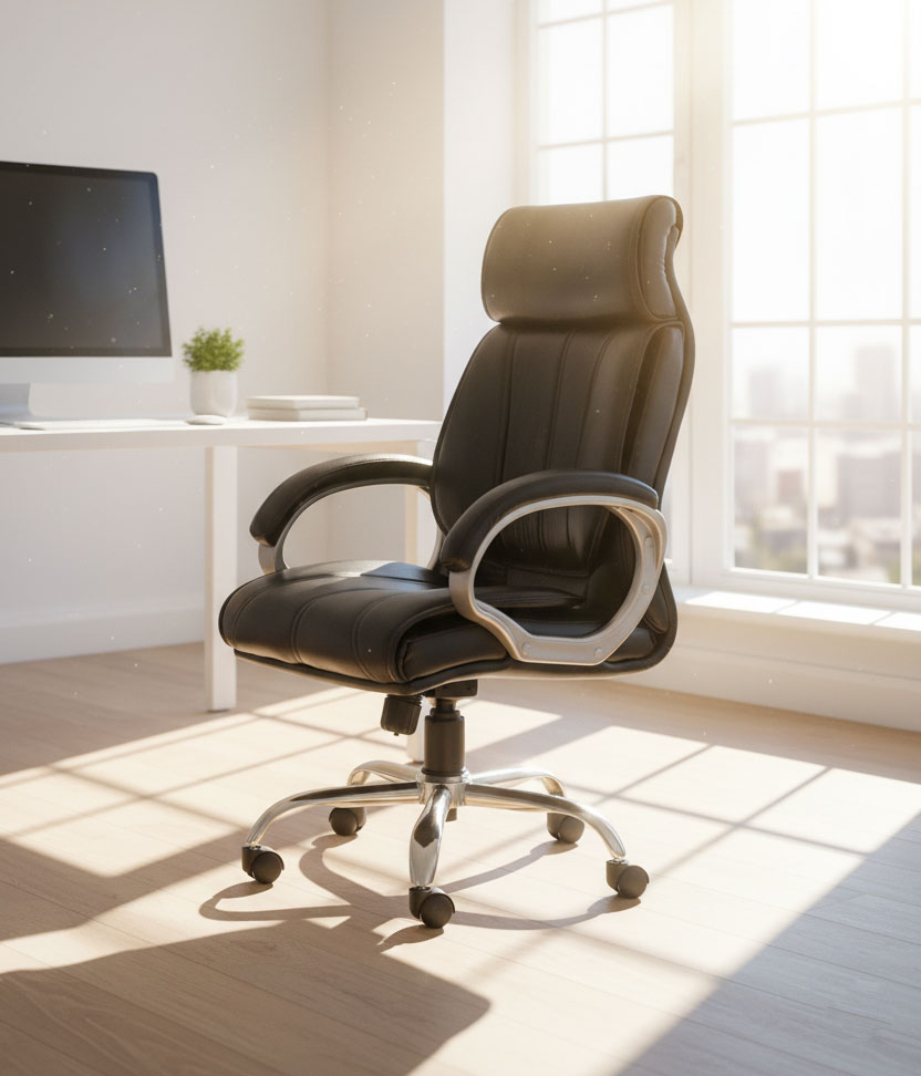 Black office chair in a bright room with a desk and computer monitor.