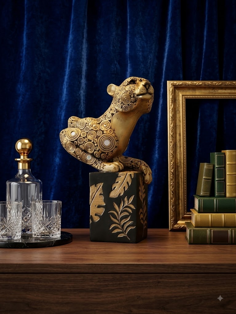 Premium Gold Patterned Leopard Sculpture with Velvet Backdrop