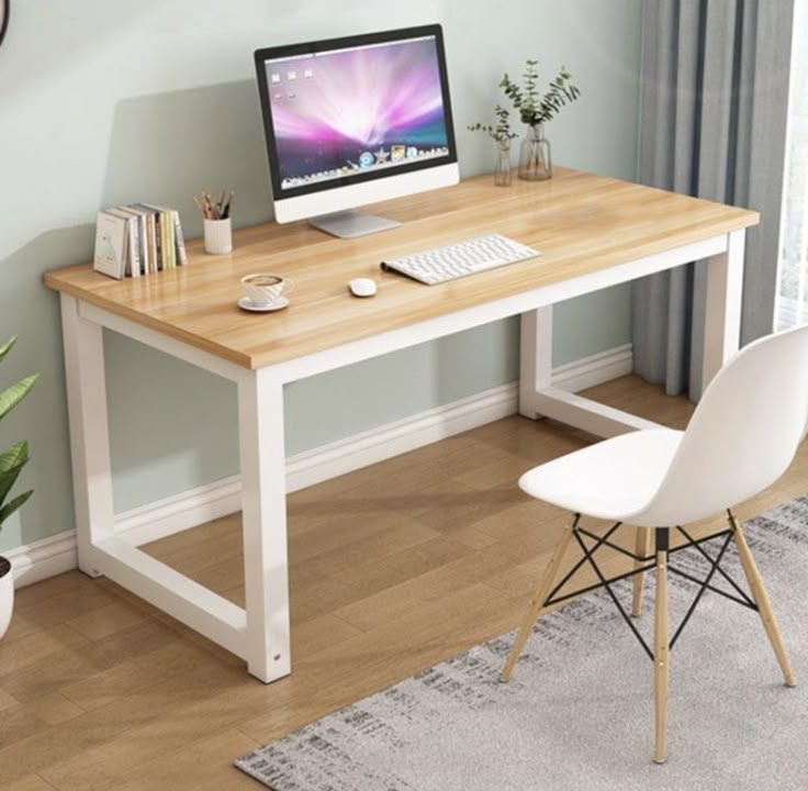 Wooden desk with computer setup in a home office setting