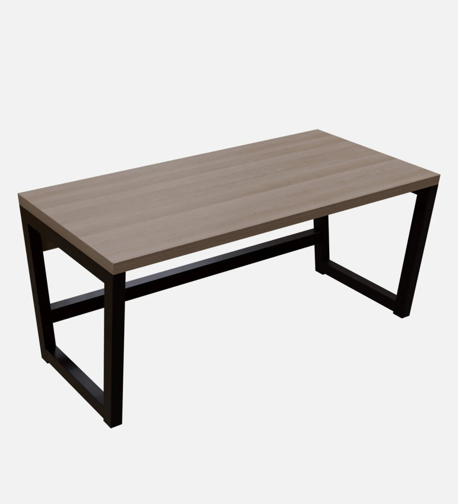 Rectangular coffee table with wooden top and black metal legs on a white background
